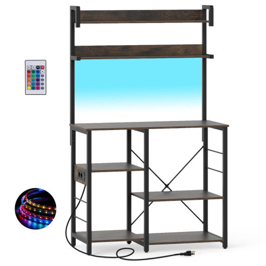 Kitchen Bakers Rack with Power Outlet 5-Tier Microwave Oven Stand with LED Lights-Black
