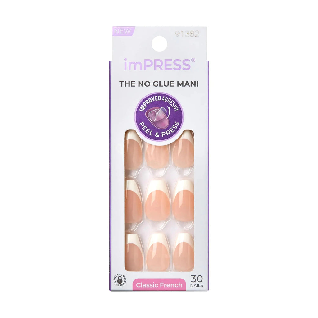 KISS imPRESS No Glue Mani Press-On Nails - Light Neutral + White Tip French, Includes 30 Nails