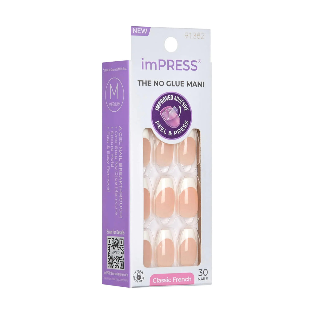 KISS imPRESS No Glue Mani Press-On Nails - Light Neutral + White Tip French, Includes 30 Nails