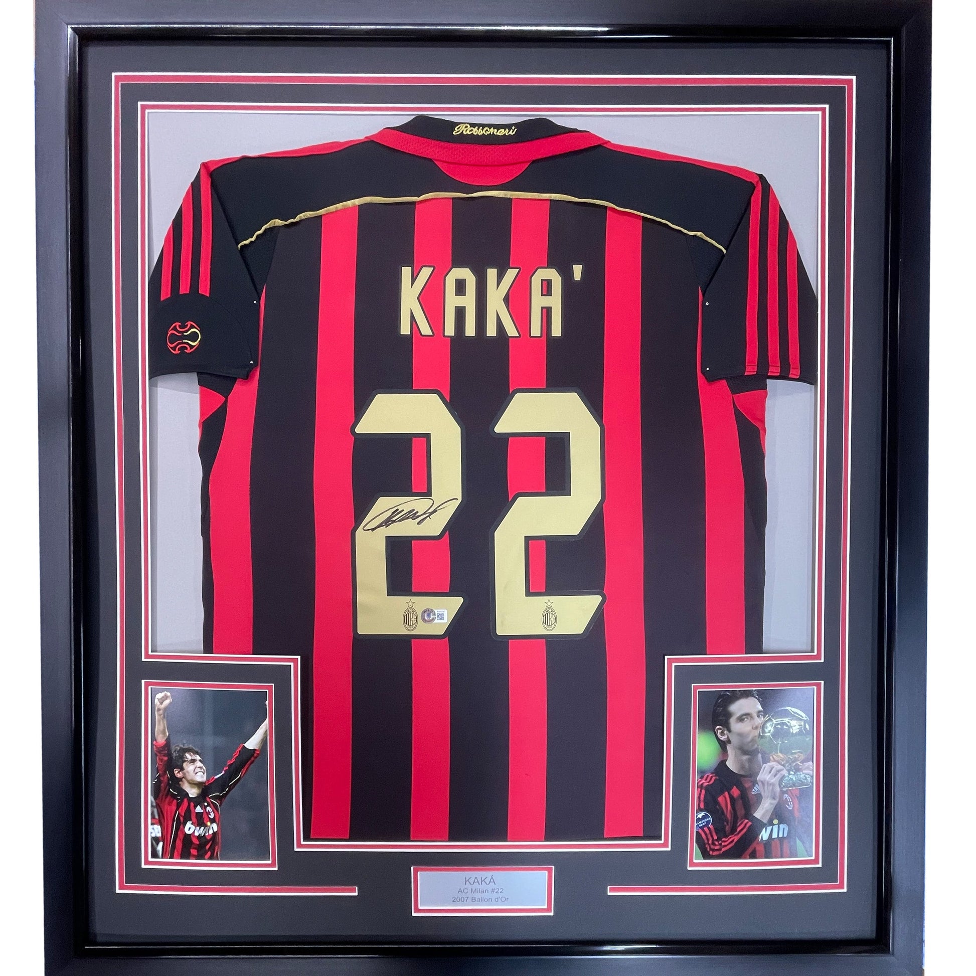 Framed Autographed/Signed Ricardo Kaka 35x39 AC Milan Black/Red Soccer Futbol Jersey Beckett BAS COA
