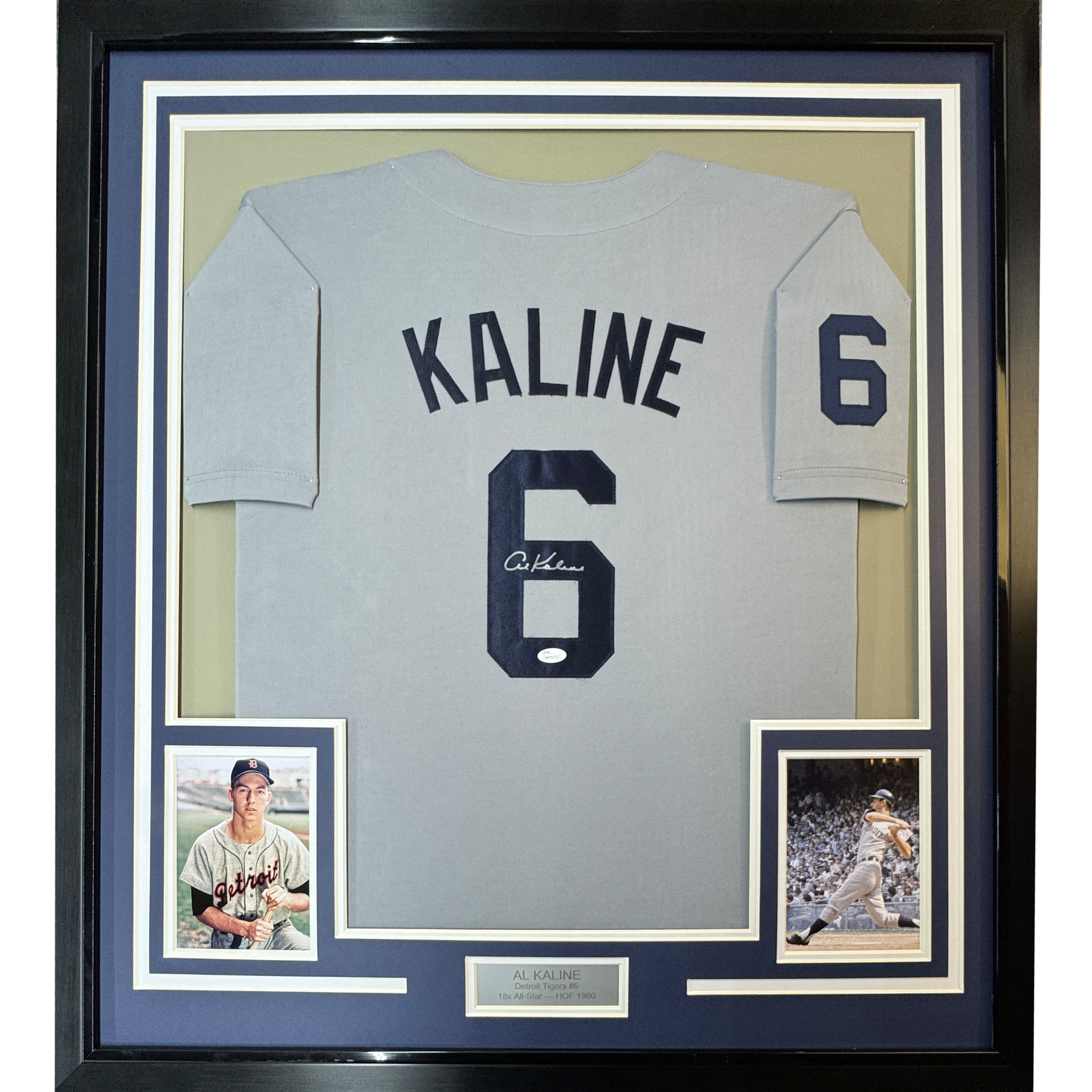 Framed Autographed/Signed Al Kaline 35x39 Detroit Grey Baseball Jersey JSA COA