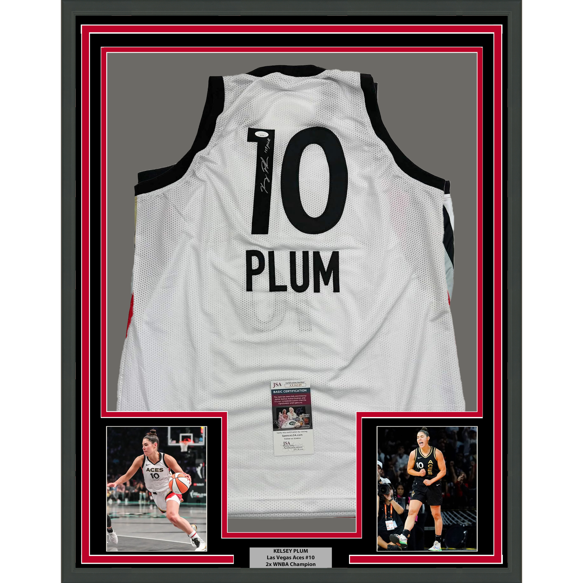 Framed Autographed/Signed Kelsey Plum 35x39 "1st Pick" Las Vegas White Basketball Jersey JSA COA