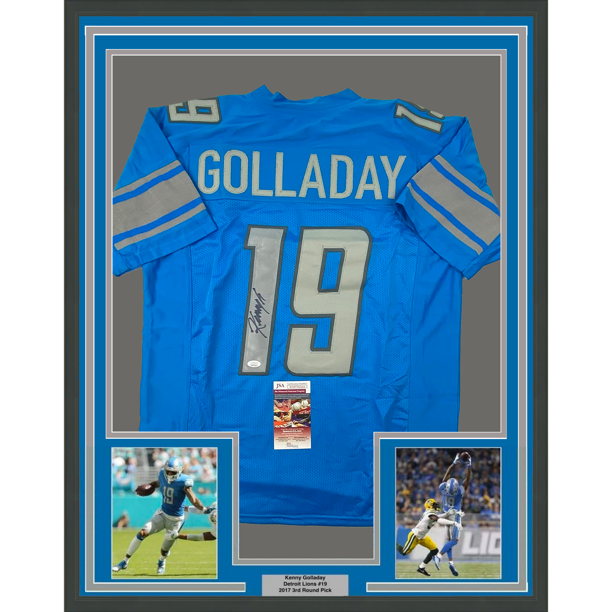 Framed Autographed/Signed Kenny Golladay 35x39 Detroit Blue Football Jersey JSA COA