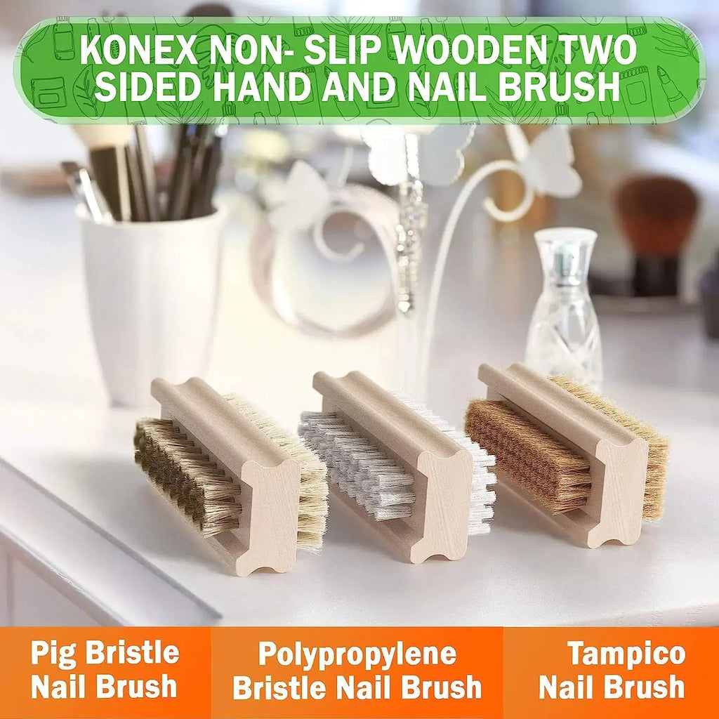 Konex Non-Slip Wooden Two-Sided Hand and Nail Brush - Stiff Bristle Fingernail Cleaner for Heavy Duty Use