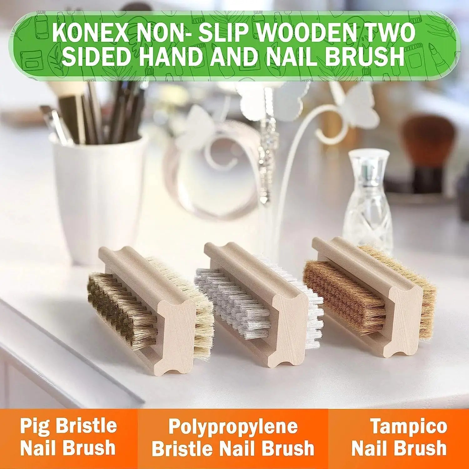 Konex Non-Slip Wooden Two-Sided Hand and Nail Brush - Stiff Bristle Fingernail Cleaner for Heavy Duty Use