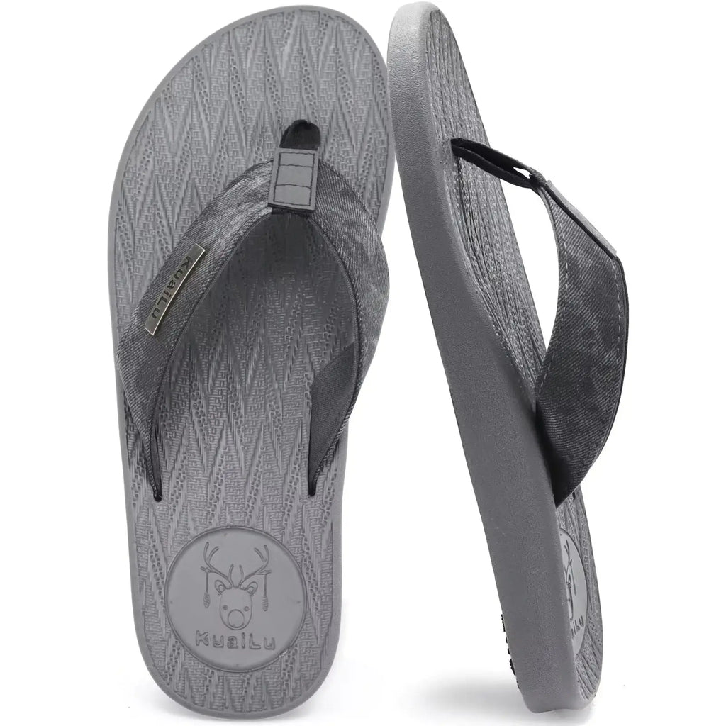 KuaiLu Mens Flip Flops Arch Support Comfortable Open Toe Leather Thong Sandals