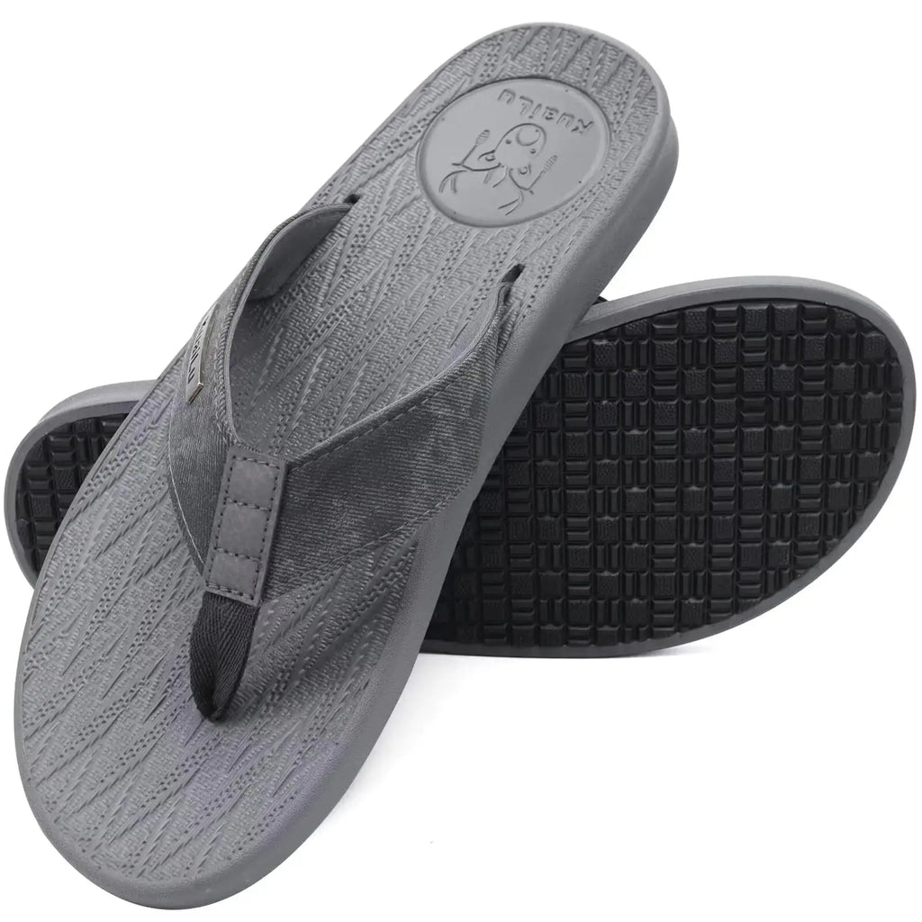 KuaiLu Mens Flip Flops Arch Support Comfortable Open Toe Leather Thong Sandals