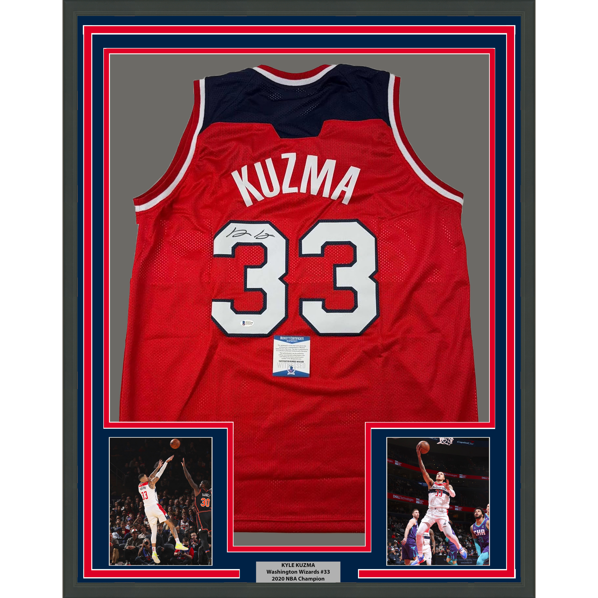 Framed Autographed/Signed Kyle Kuzma 35x39 Washington Red Basketball Jersey Beckett BAS COA