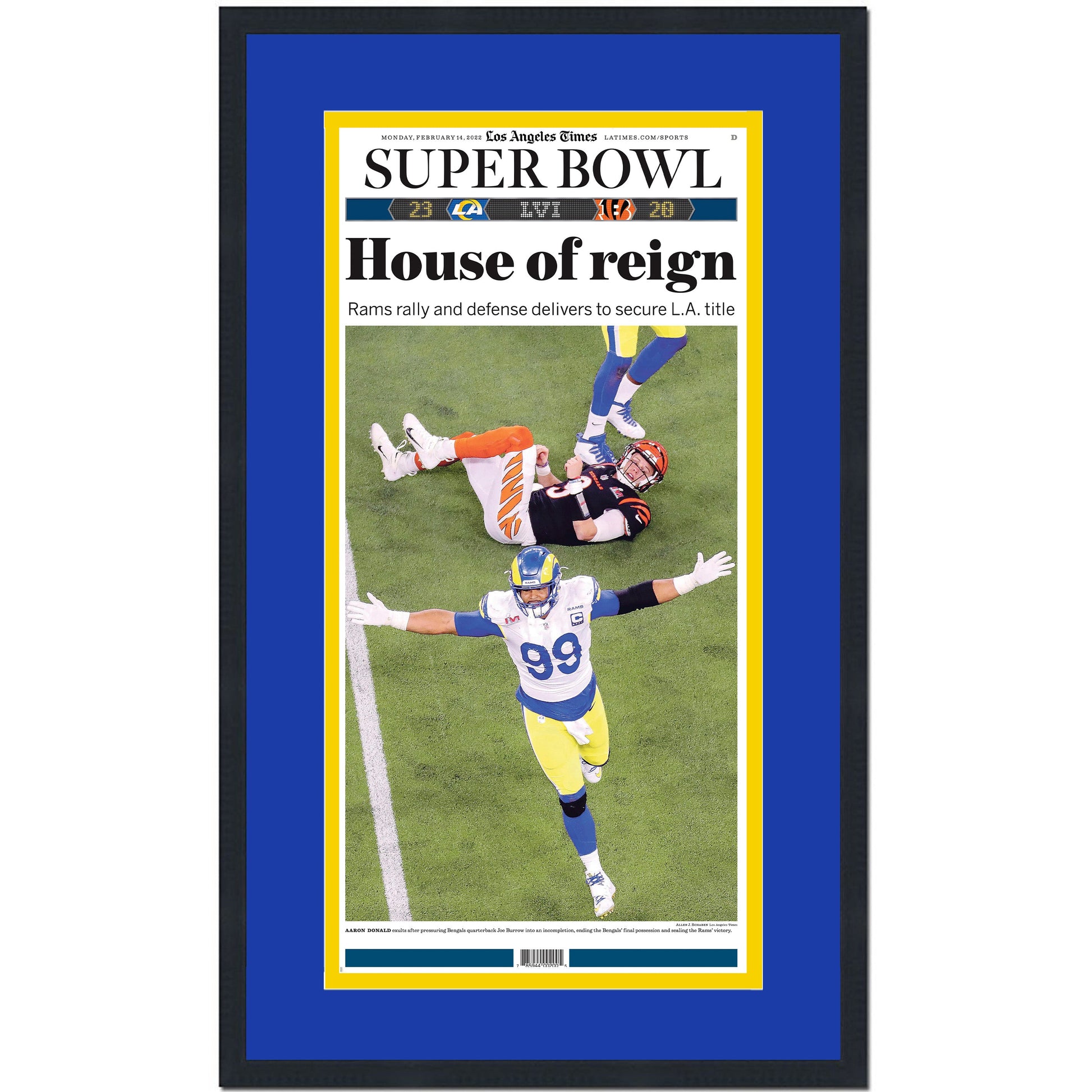 Framed Los Angeles Times LA Rams House of Reign Super Bowl LVI 56 Champions 14x24 Football Newspaper Cover Photo Professionally Matted V2