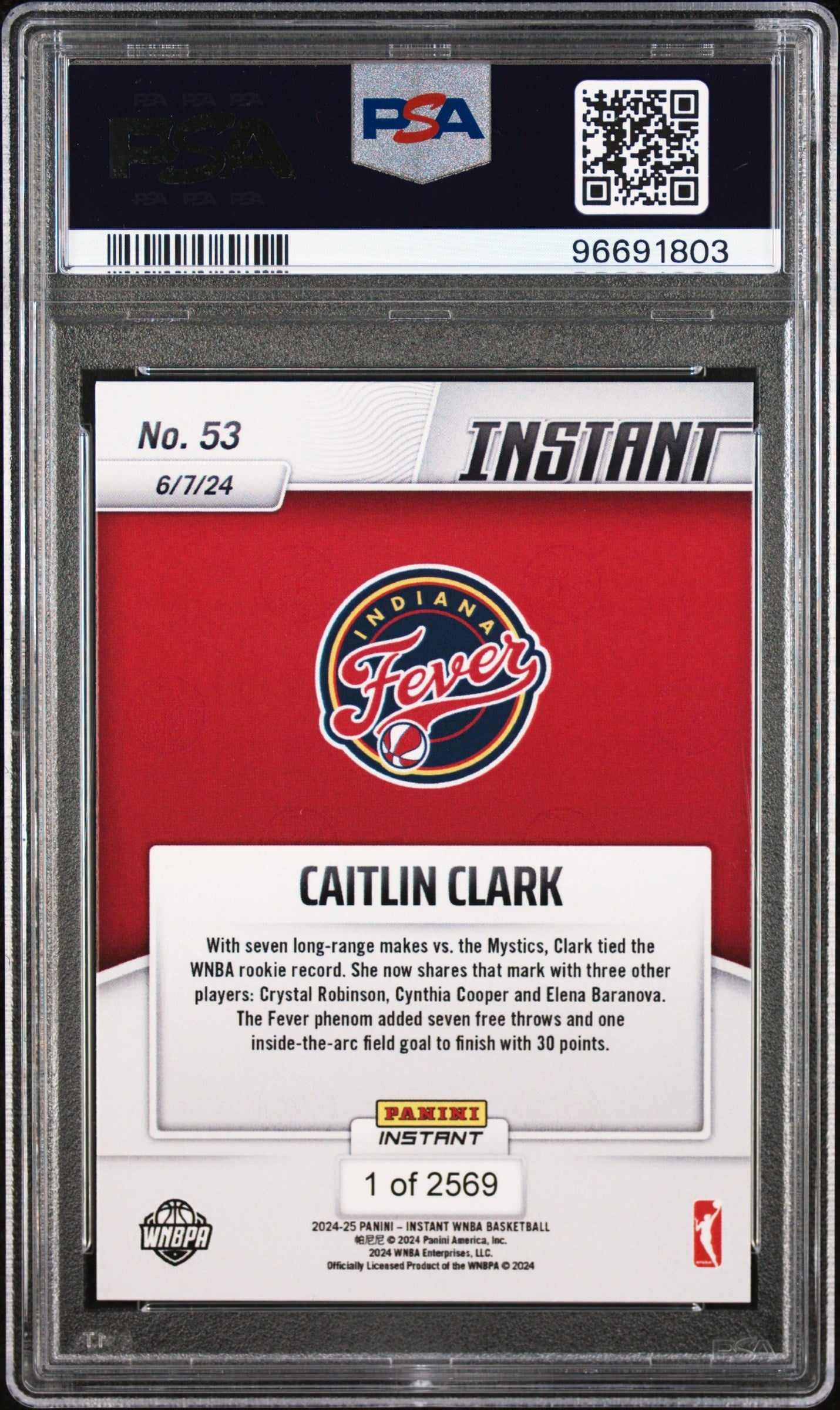 Graded 2024 Panini Instant WNBA Caitlin Clark #53 Rookie RC Basketball Card PSA 9 Mint