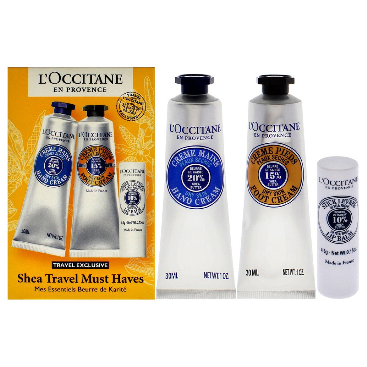 L'occitane shea travel must haves 3 pcs set: 1 oz hand cream + 1 oz foot cream + 0.15 lip balm