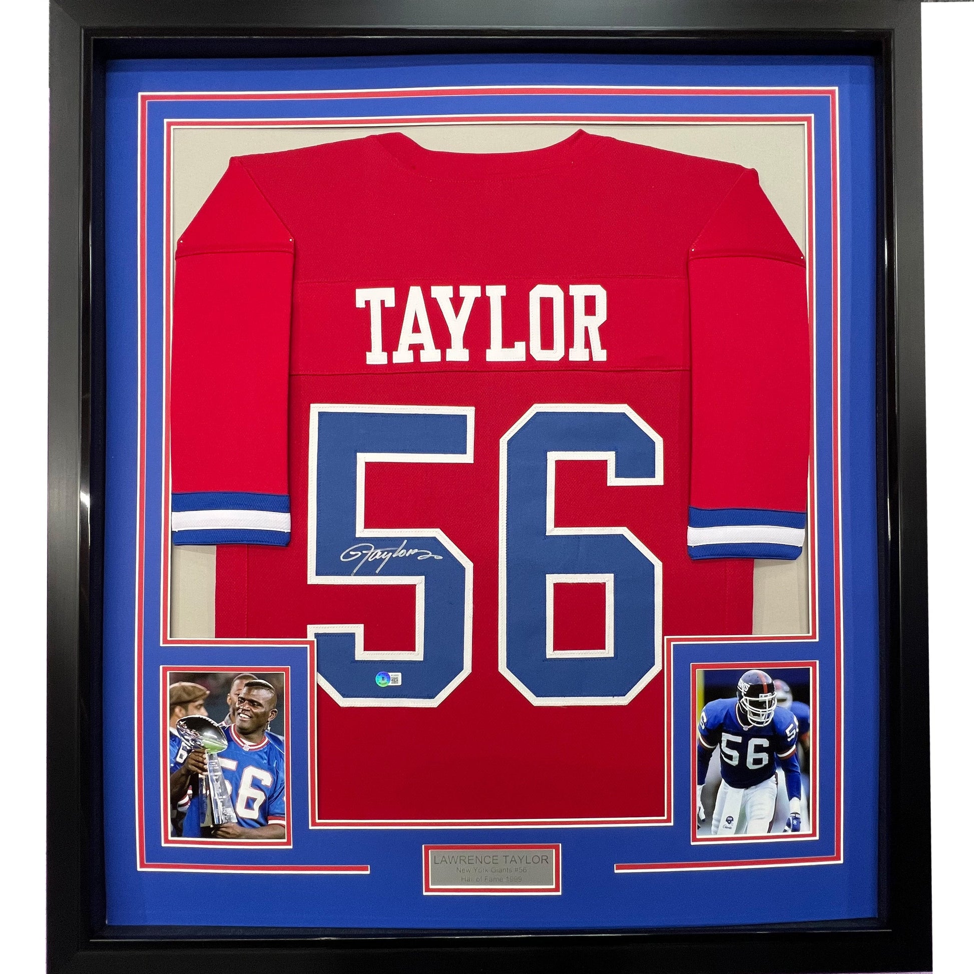 Framed Autographed/Signed Lawrence Taylor 35x39 New York Red Football Jersey JSA COA