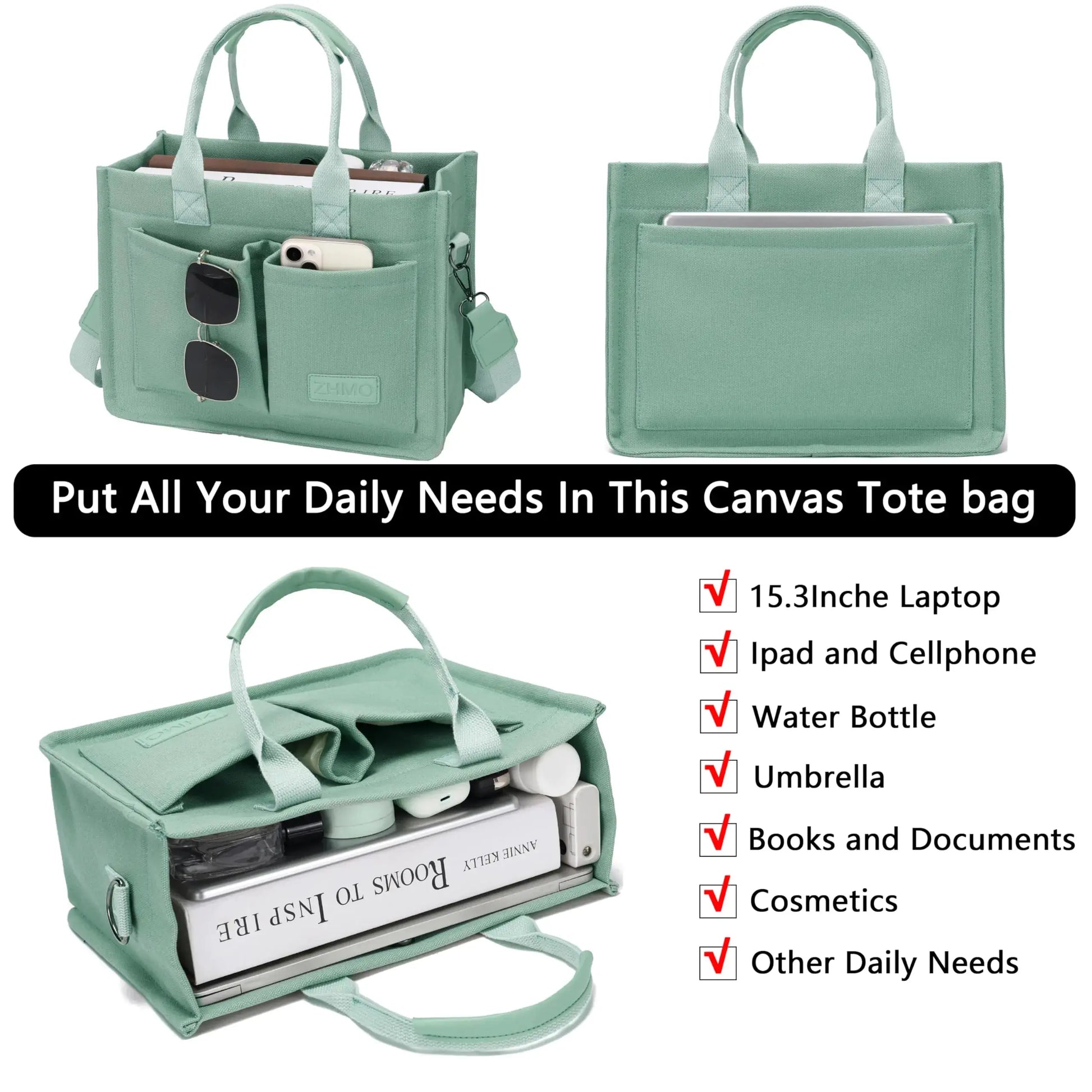 Large Canvas Tote Bag for Women With Pockets,Laptop Crossbody Purses Everything Everyday Bag Handbags