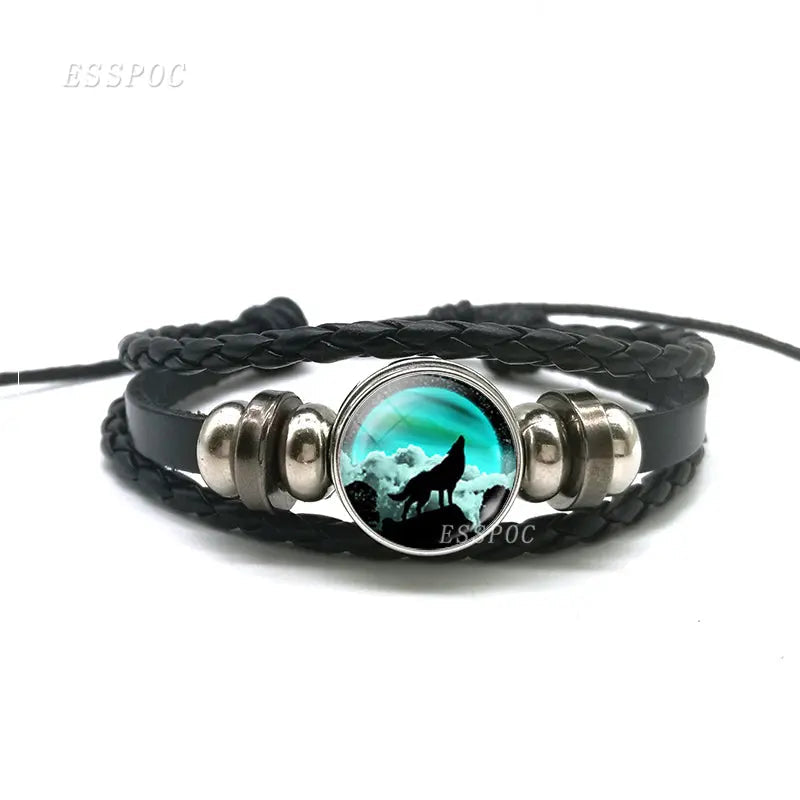 Leather Bracelet with Wolf and Full Moon Design