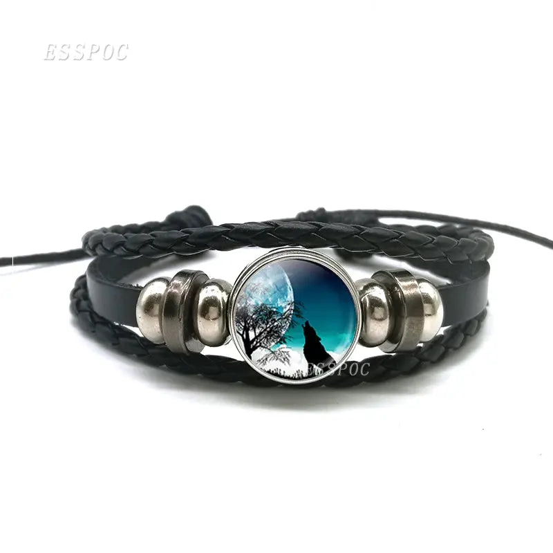 Leather Bracelet with Wolf and Full Moon Design