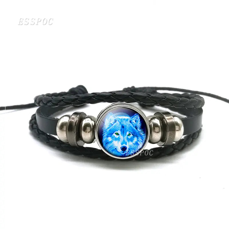 Leather Bracelet with Wolf and Full Moon Design