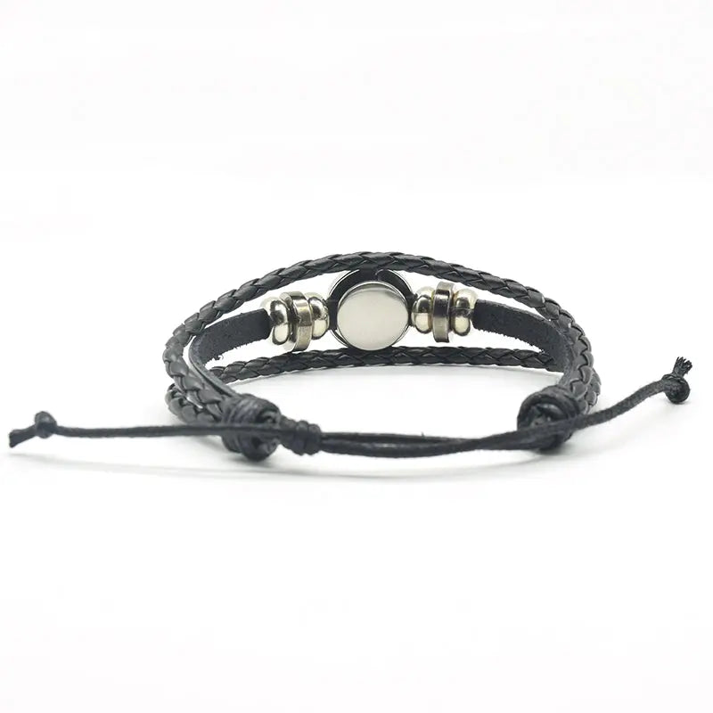 Leather Bracelet with Wolf and Full Moon Design