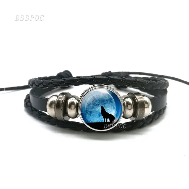 Leather Bracelet with Wolf and Full Moon Design
