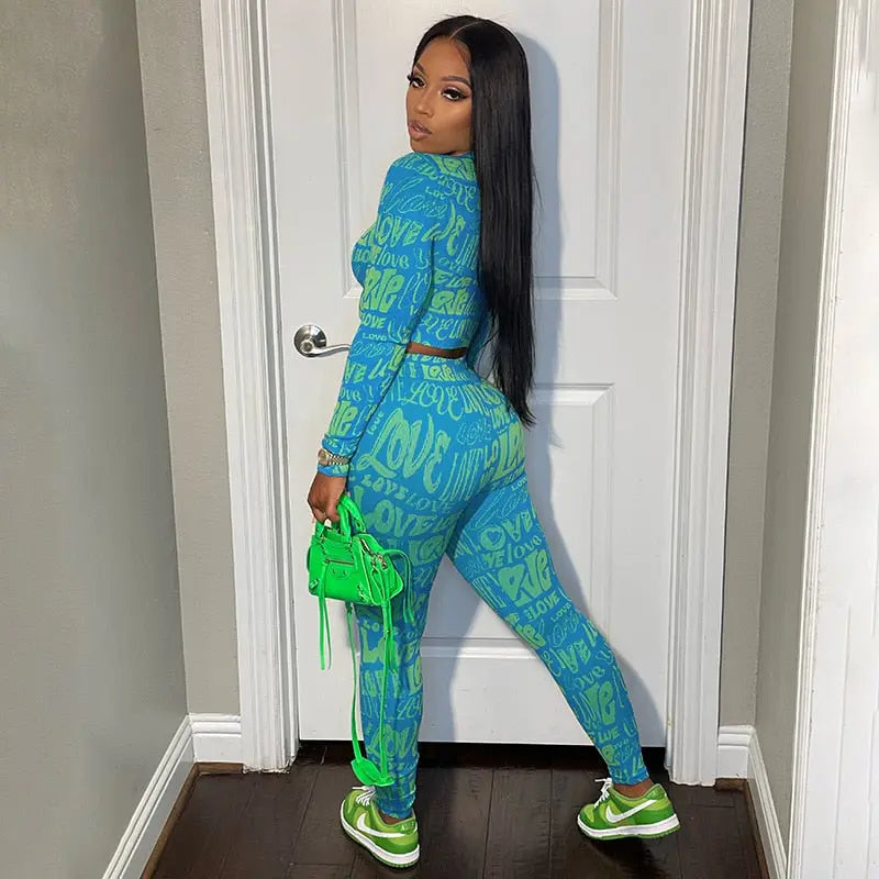 Letter Print Tracksuit Two Piece Set - Long Sleeve Top and Pants