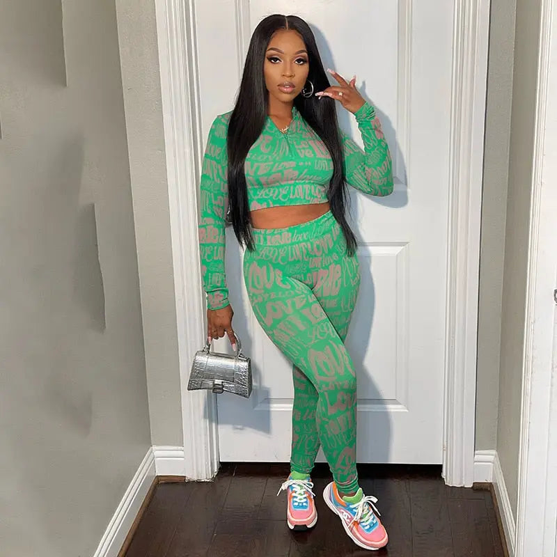 Letter Print Tracksuit Two Piece Set - Long Sleeve Top and Pants