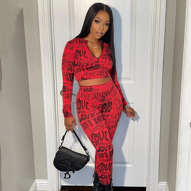 Letter Print Tracksuit Two Piece Set - Long Sleeve Top and Pants