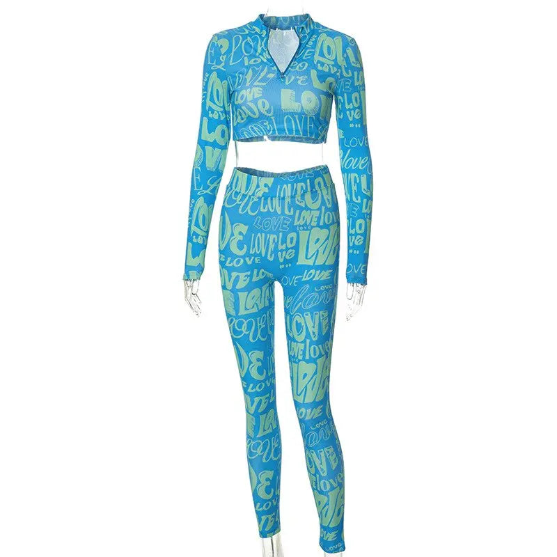 Letter Print Tracksuit Two Piece Set - Long Sleeve Top and Pants