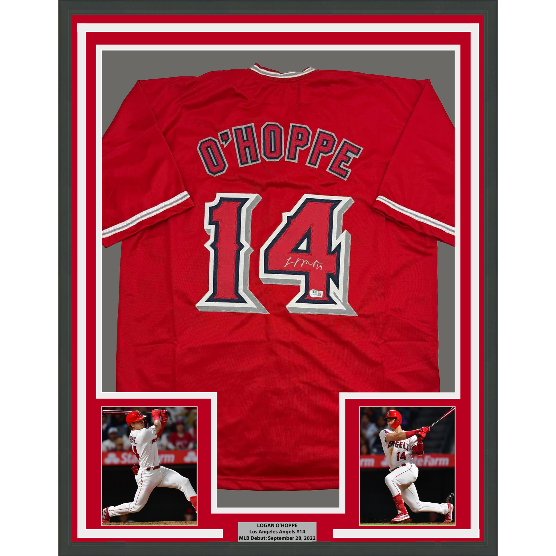 Framed Autographed/Signed Logan O'Hoppe 35x39 Los Angeles LA Anaheim Red Baseball Jersey Beckett BAS COA