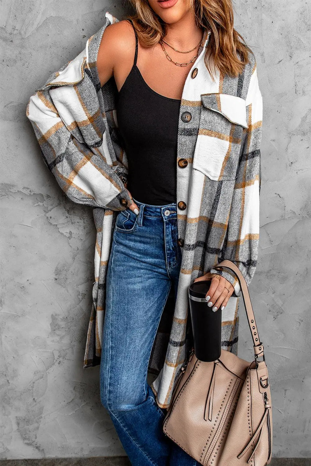 Long sleeves Dropped Shoulder Plaid Duster Coat | Regular Size