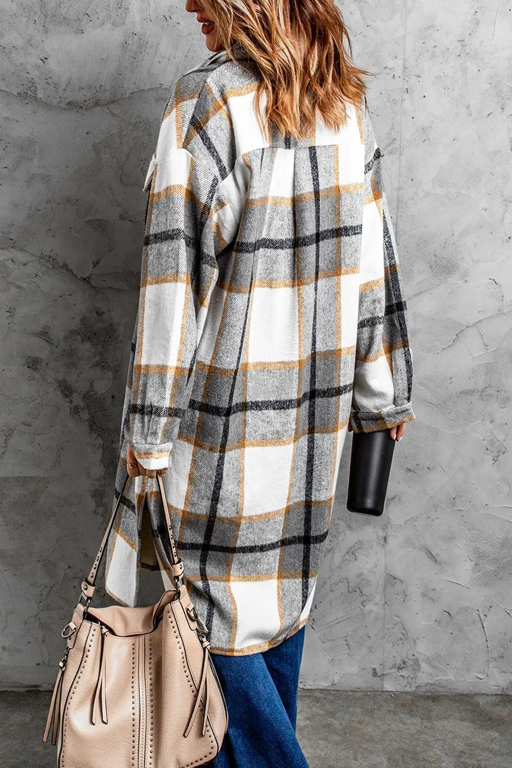 Long sleeves Dropped Shoulder Plaid Duster Coat | Regular Size