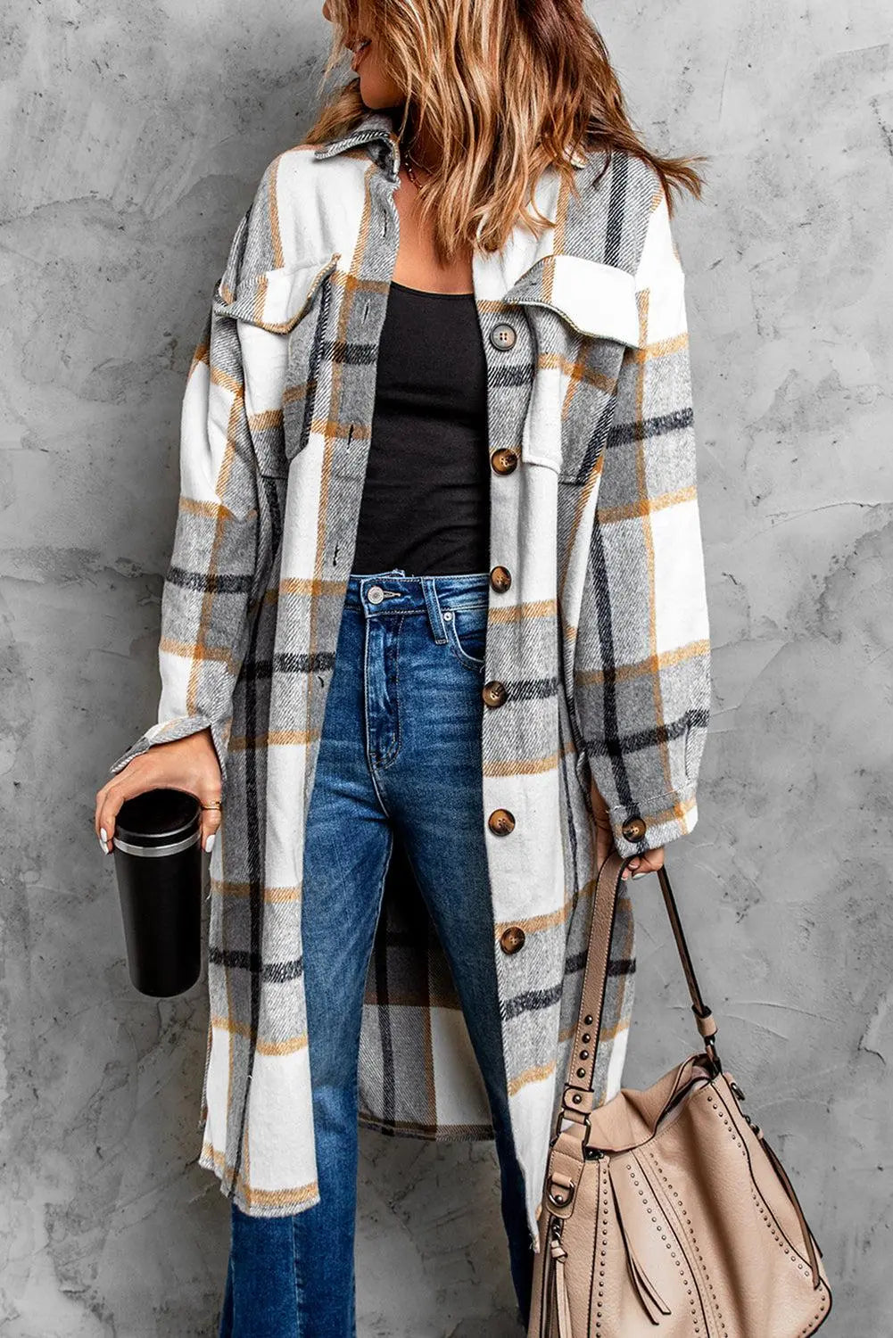 Long sleeves Dropped Shoulder Plaid Duster Coat | Regular Size