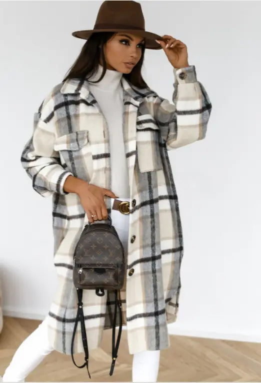 Long sleeves Dropped Shoulder Plaid Duster Coat | Regular Size