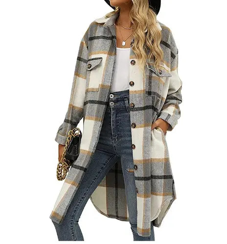 Long sleeves Dropped Shoulder Plaid Duster Coat | Regular Size