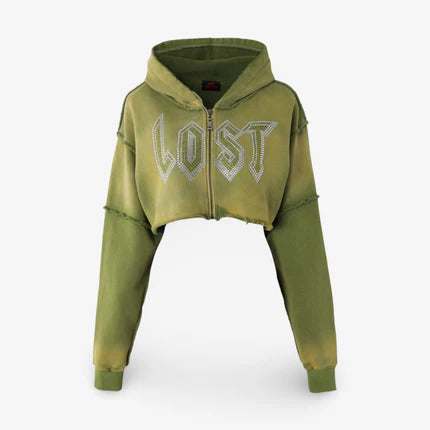 Lost Intricacy French Terry Rhinestone Crop Hoodie Green
