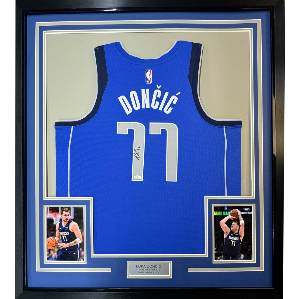 Framed Autographed/Signed Luka Doncic 35x39 Dallas Mavericks Blue Authentic Basketball Jersey JSA COA