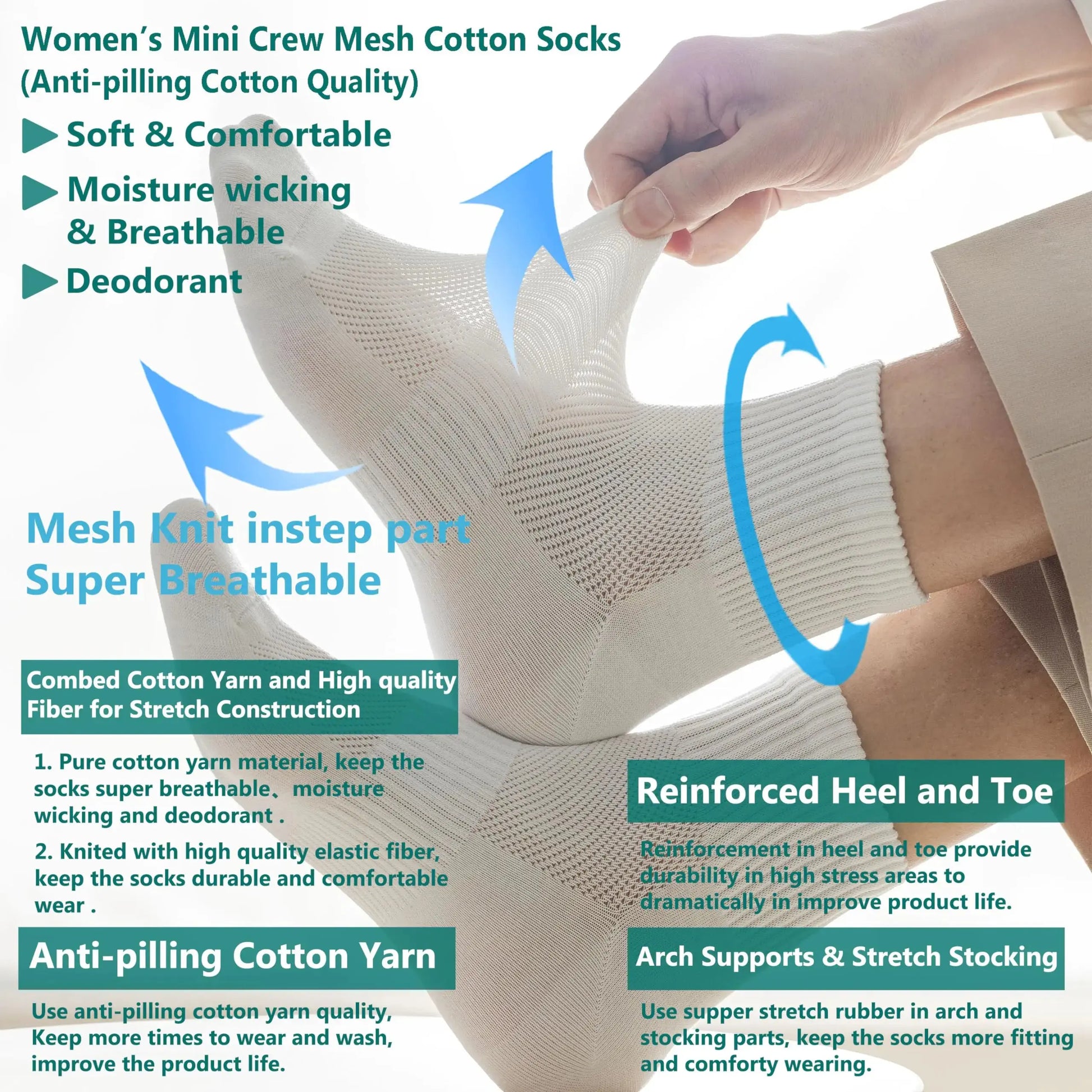 MAGIARTE Womens Mini Crew Ankle Socks Athletic Casual Cotton Socks for Women 5-10 Mesh Instep #C05 (6 Pairs)