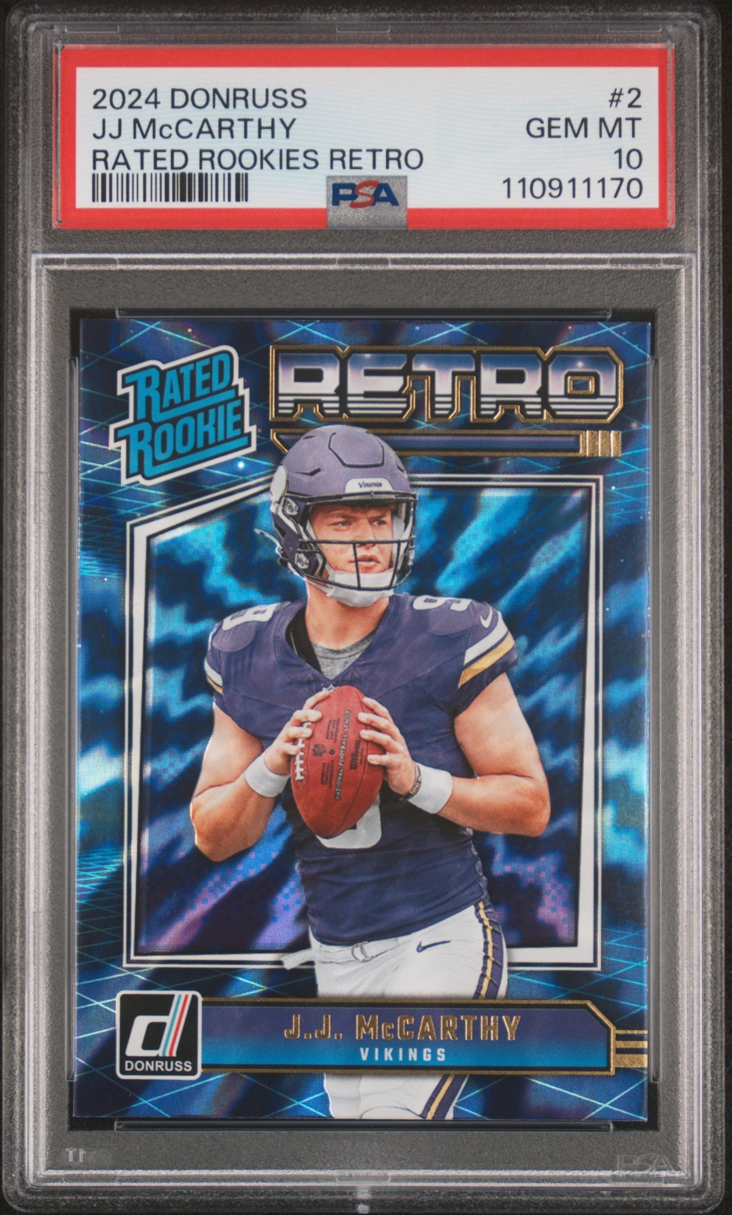 Graded 2024 Panini Donruss JJ McCarthy #2 Rated Rookies Retro Rookie RC Football Card PSA 10 Gem Mint