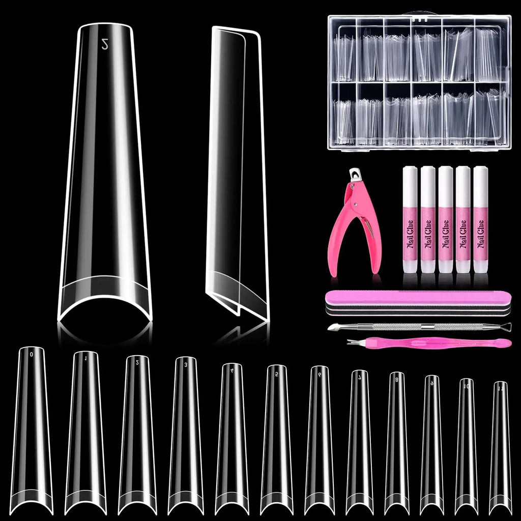 MORGLES Coffin Nail Tips - 240PCS Extra Long Clear Acrylic Nail Tips with Glues Nail Clipper