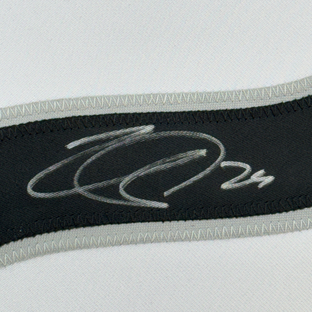 Framed Autographed/Signed Nathan MacKinnon 35x39 Colorado White Hockey Jersey JSA COA #2