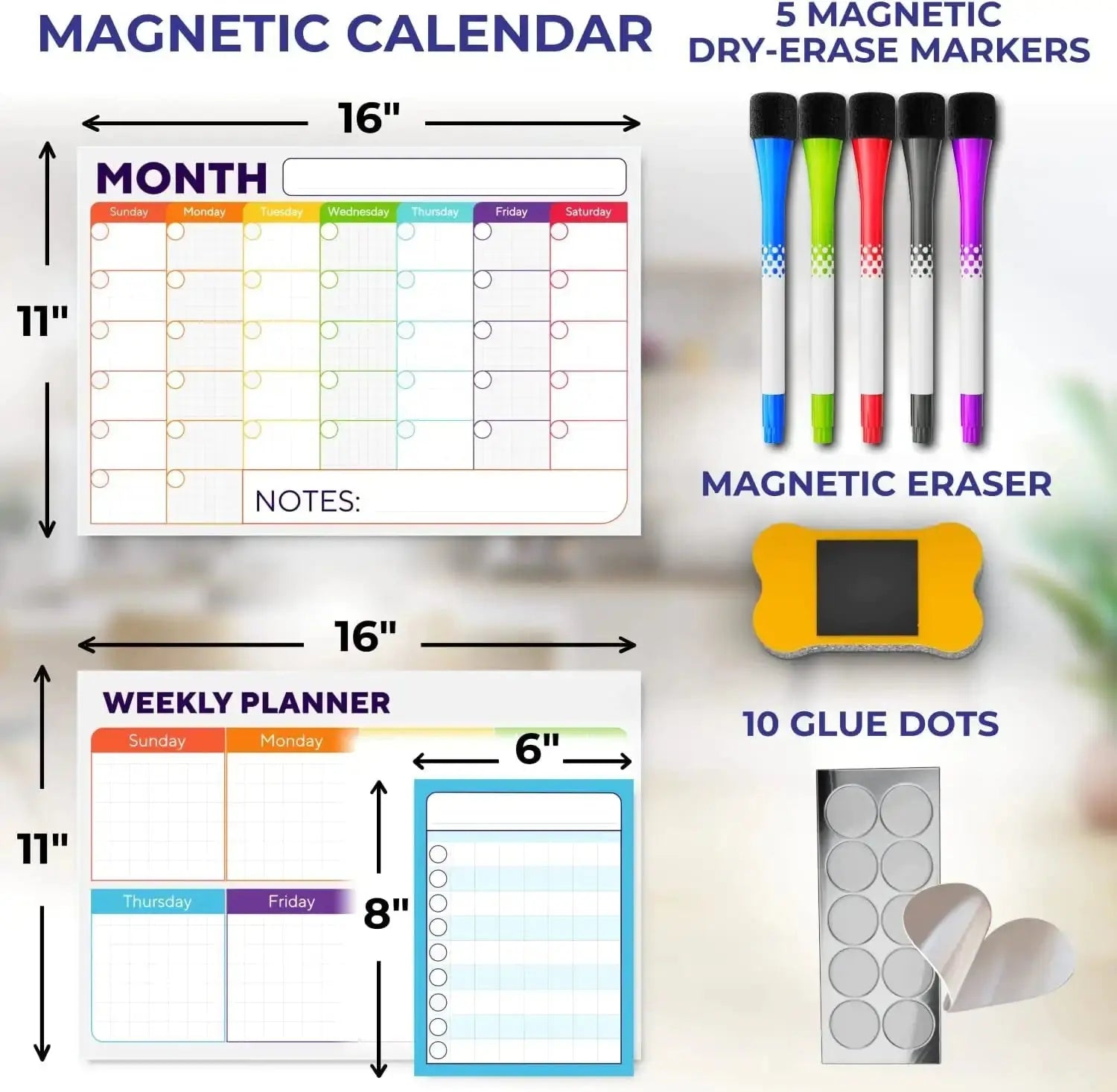 Magnetic Trio Whiteboard Calendar Kit - Monthly, Weekly & Daily Planner Set with Markers