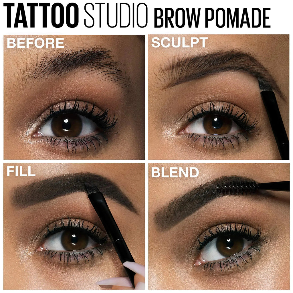 Maybelline TattooStudio Brow Pomade Long Lasting, Buildable, Eyebrow Makeup, 1 Count 382 BLACK BROWN