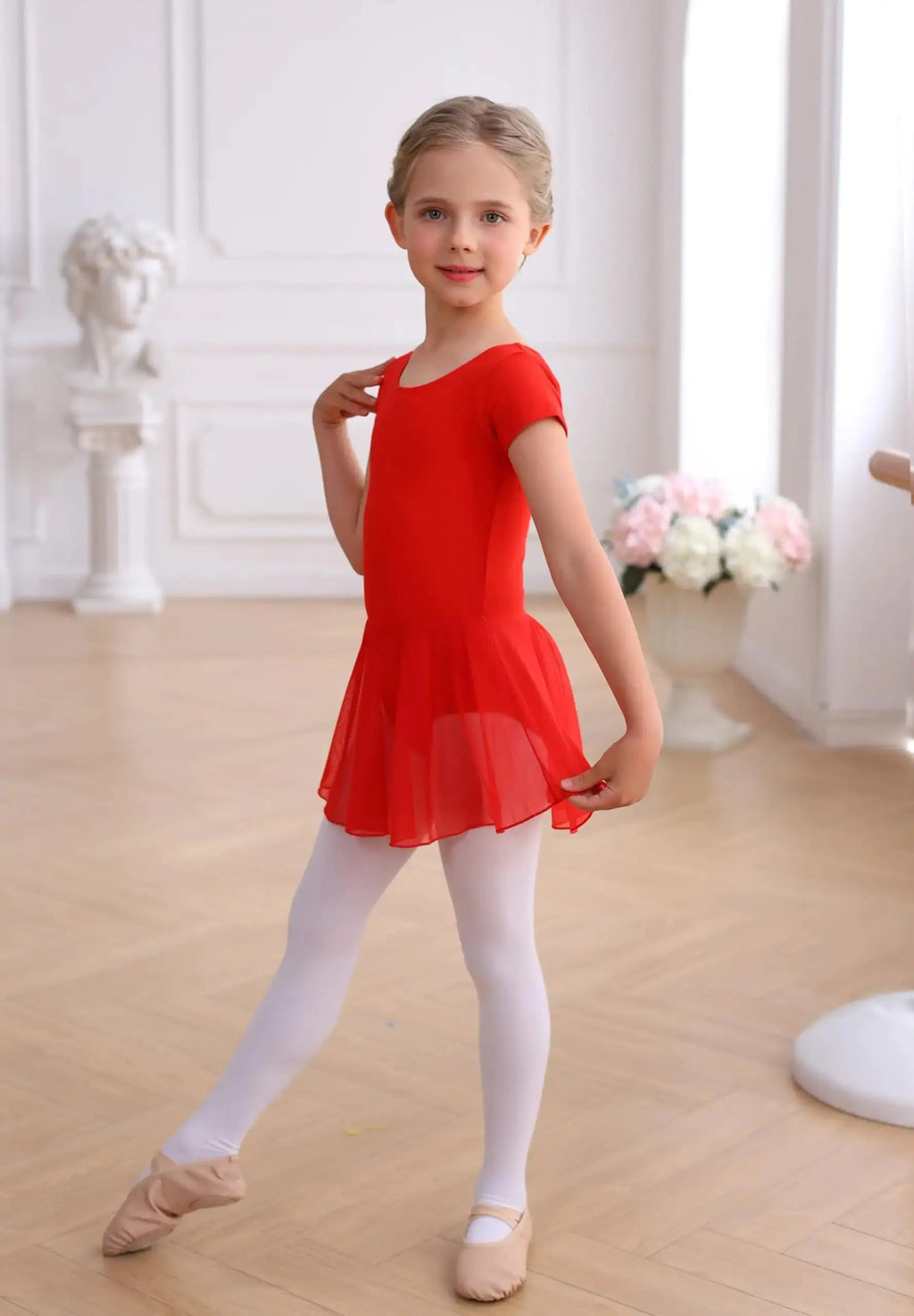 MdnMd Toddler Girls Ballet Leotards with Skirt Classic Short Sleeve Outfit Dress