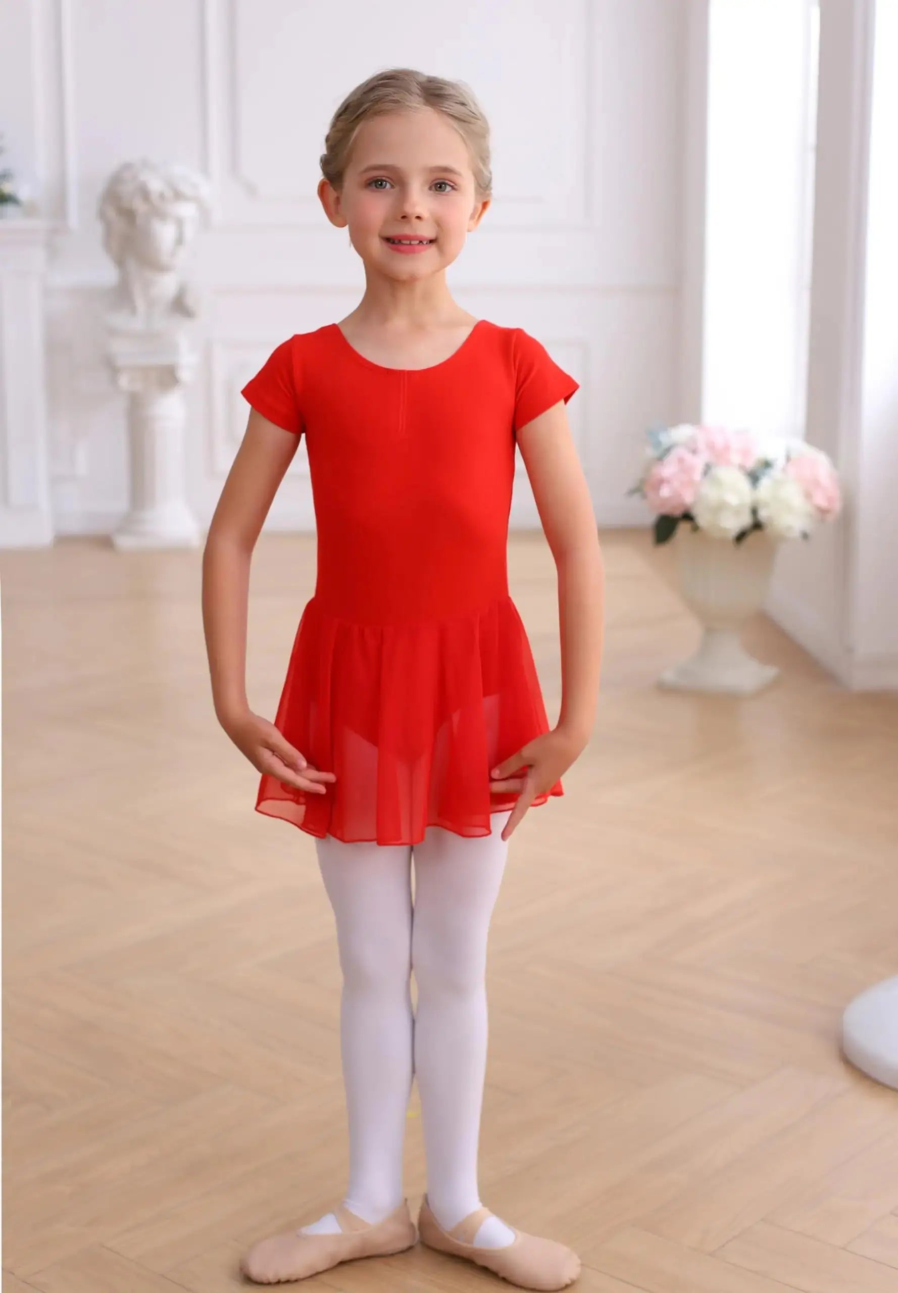 MdnMd Toddler Girls Ballet Leotards with Skirt Classic Short Sleeve Outfit Dress
