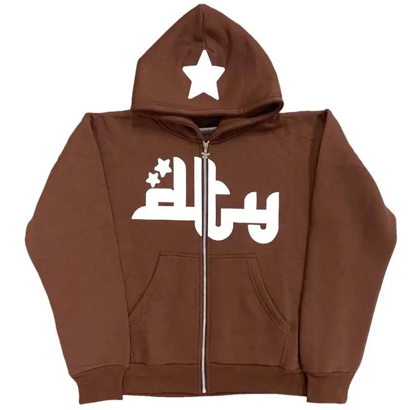 Men Star Letter Print Hoodies - Oversized Silhouette with Zip-Up Design and Long Sleeves