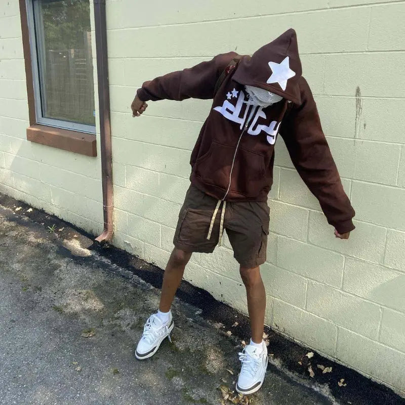 Men Star Letter Print Hoodies - Oversized Silhouette with Zip-Up Design and Long Sleeves