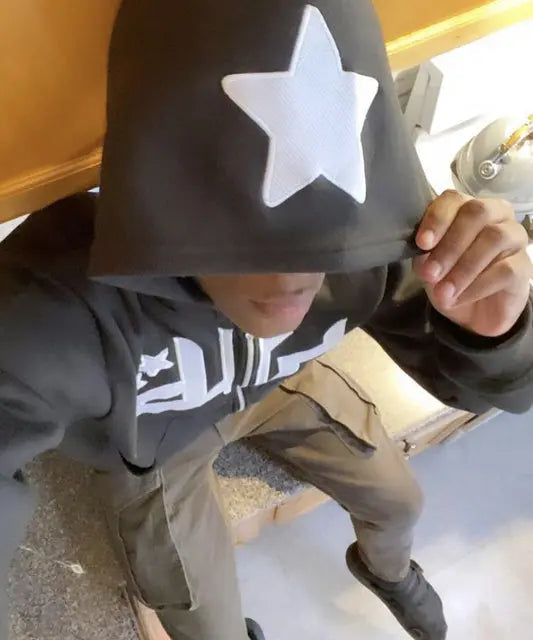 Men Star Letter Print Hoodies - Oversized Silhouette with Zip-Up Design and Long Sleeves