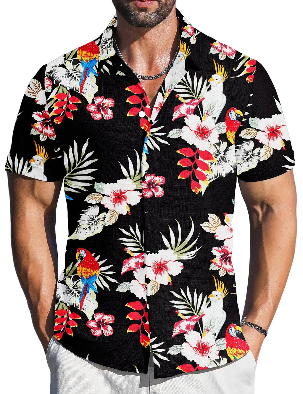 Men's Linen Short Sleeve Shirt – Black Flower Parrot
