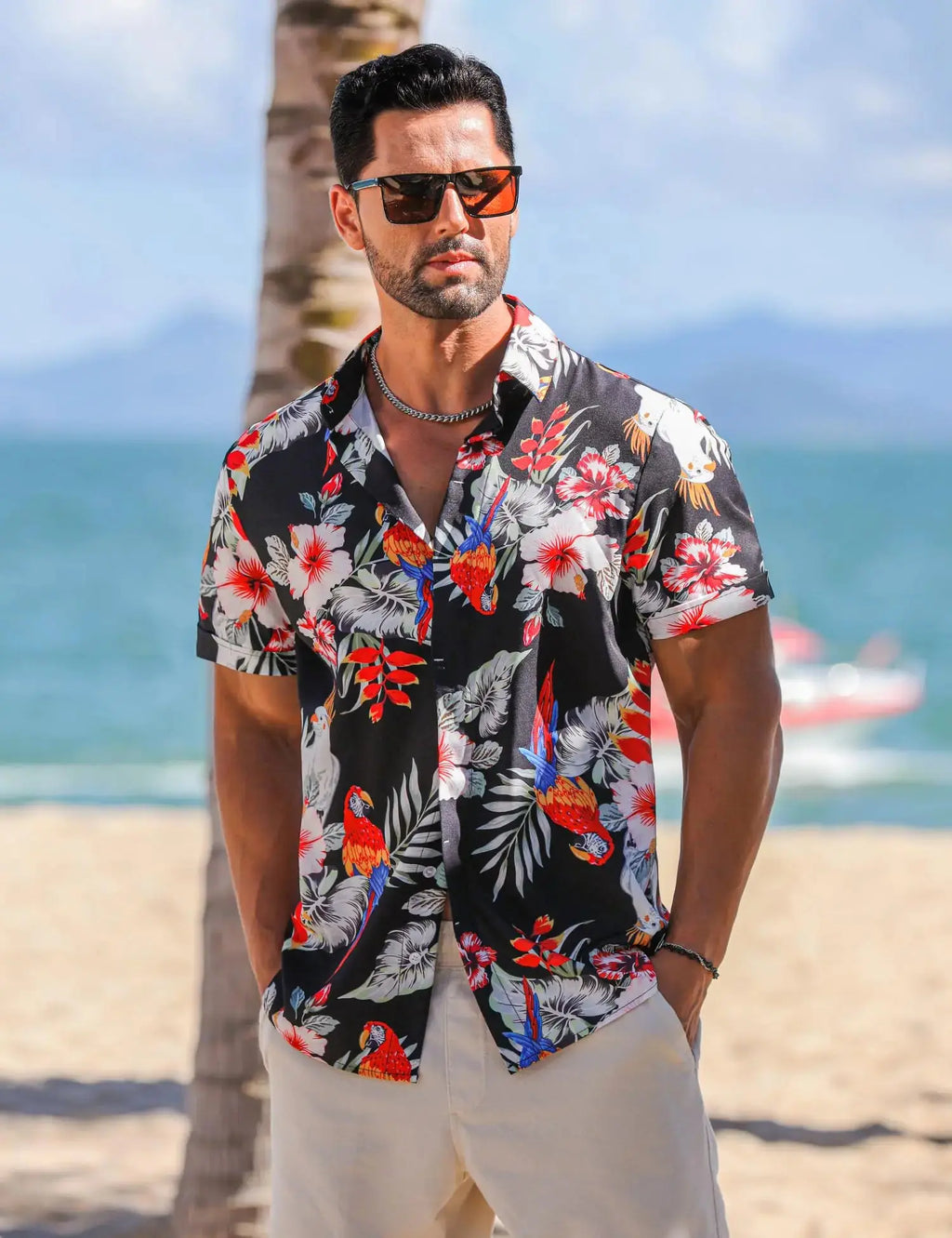 Men's Linen Short Sleeve Shirt – Black Flower Parrot