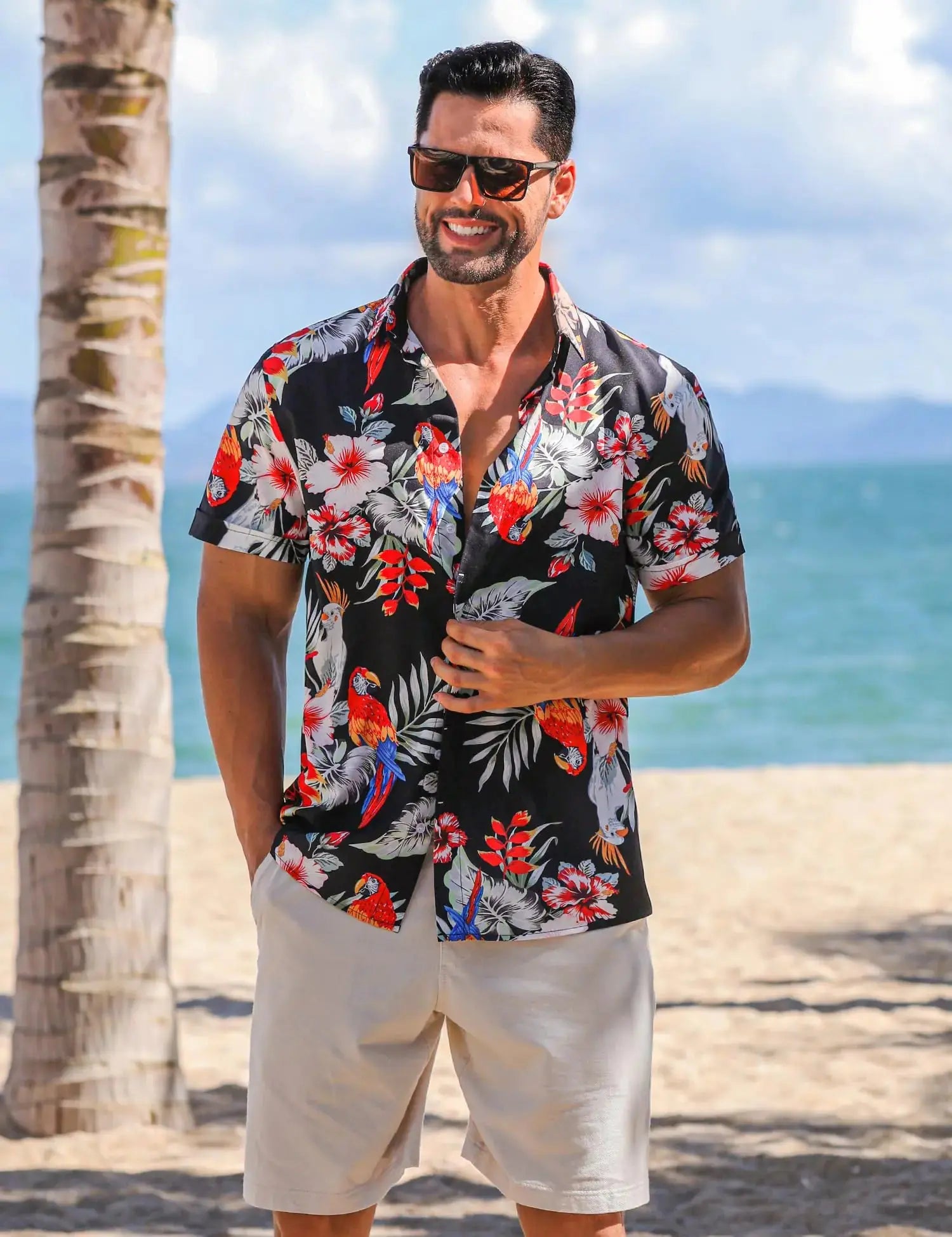 Men's Linen Short Sleeve Shirt – Black Flower Parrot
