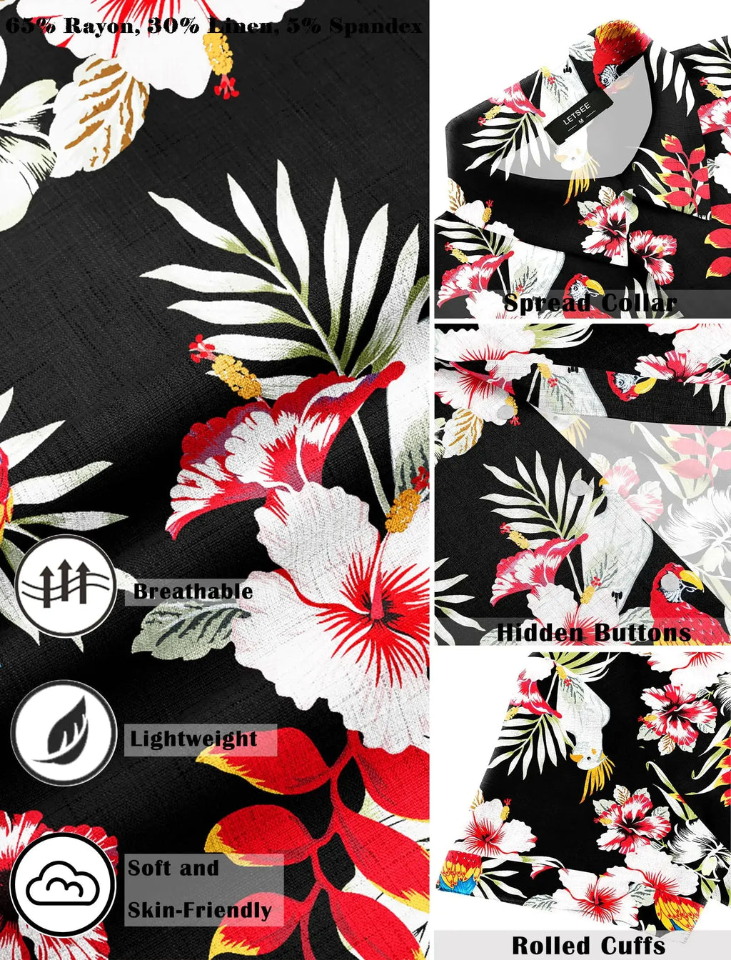 Men's Linen Short Sleeve Shirt – Black Flower Parrot