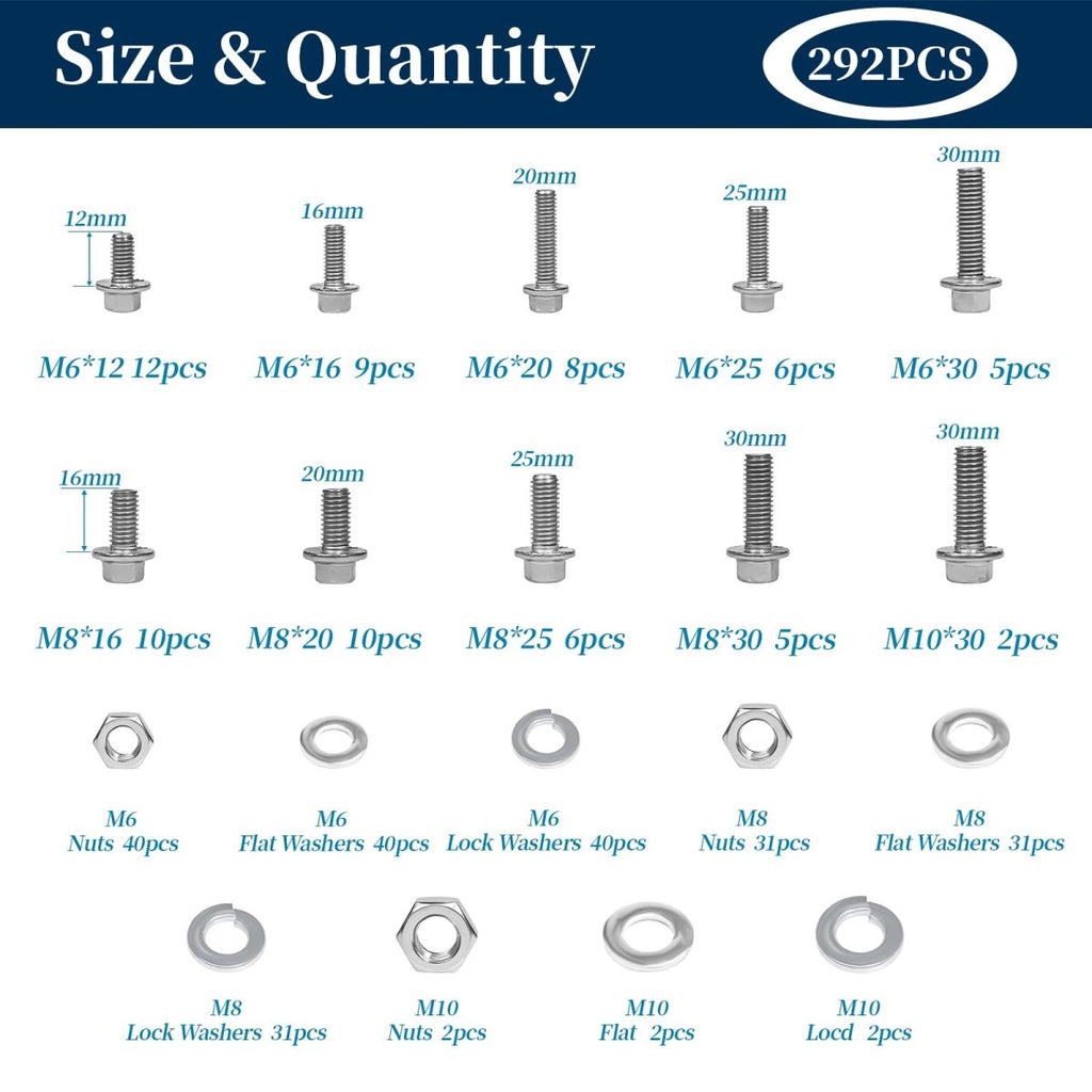292 Pcs 304 Stainless Steel Bolts and Nuts Kit, A2 Hex Head Flange Nut and Bolt Set M6 M8 M10